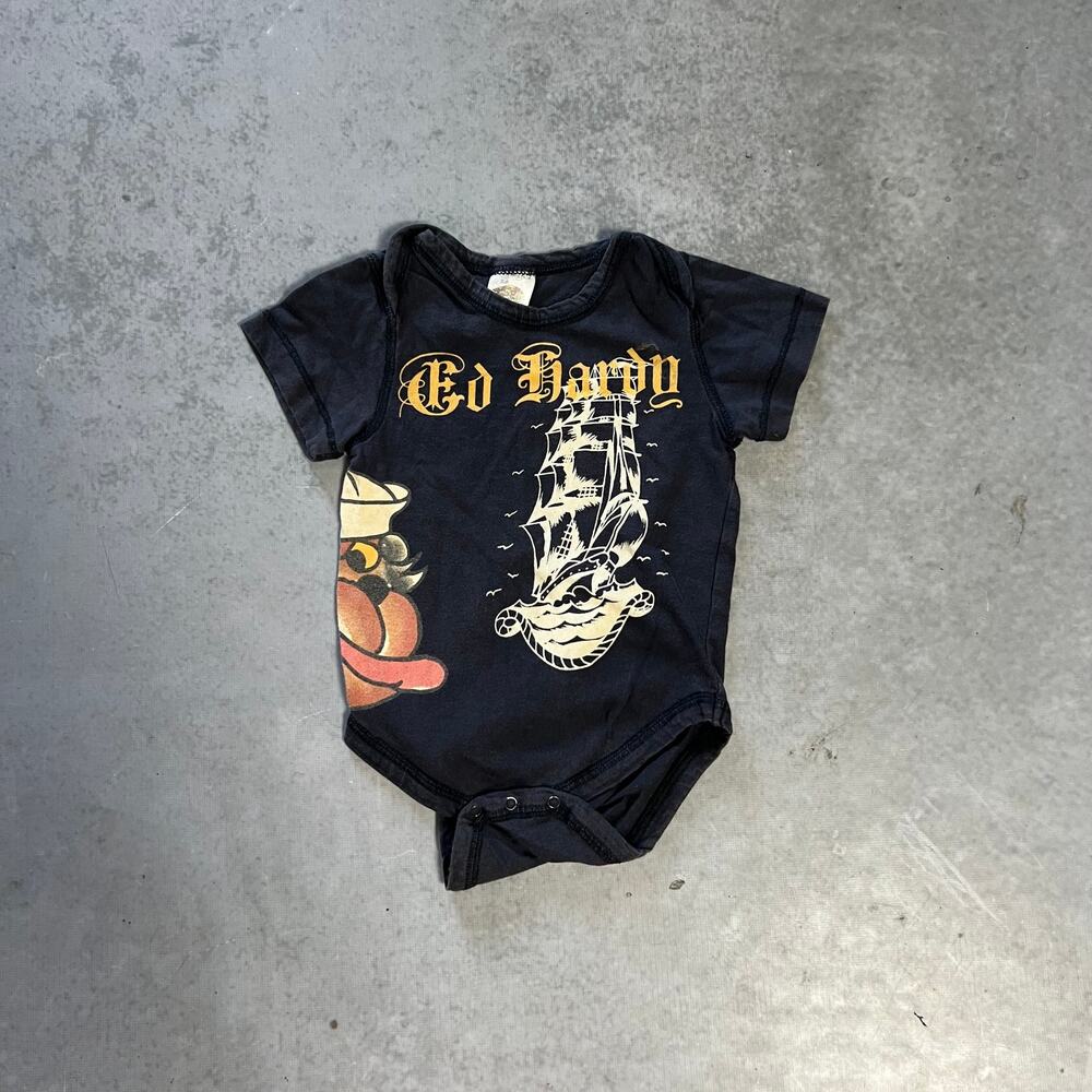 Ed Hardy Vintage Kids One Piece Jumpsuit Baby Bodysuit Size 3-6 Y2K Monkey Ship